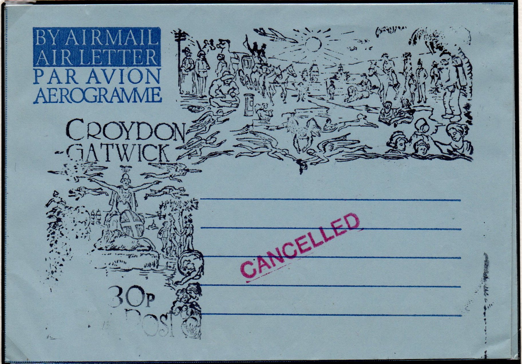 1971 Croydon Gatwick Strike Post Postal Stationery in the Mulready tradition - sent to The Netherlands